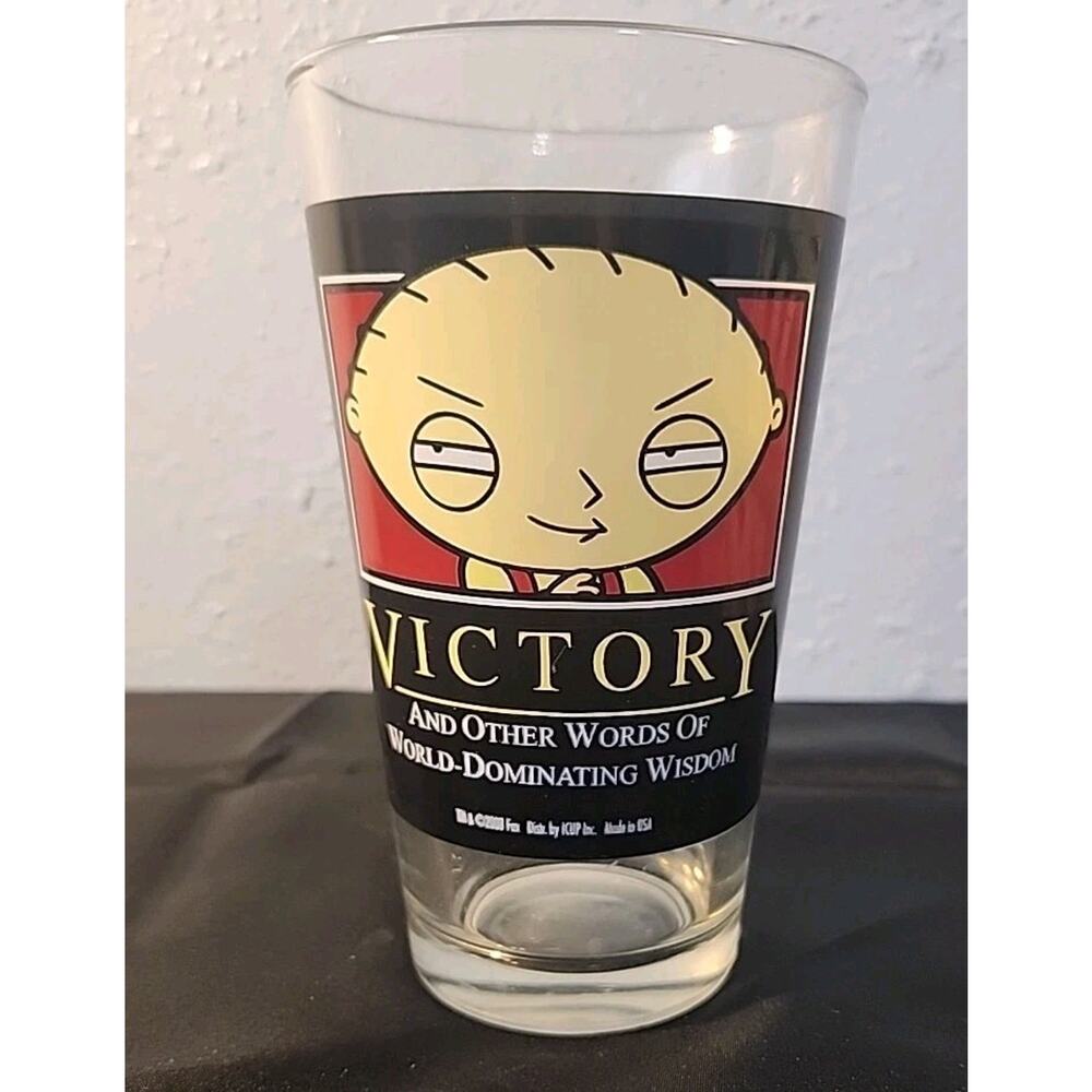 Family Guy 5 3/4" (Pint?)Cup Glass Stewie VICTORY & Other Words World Dominating